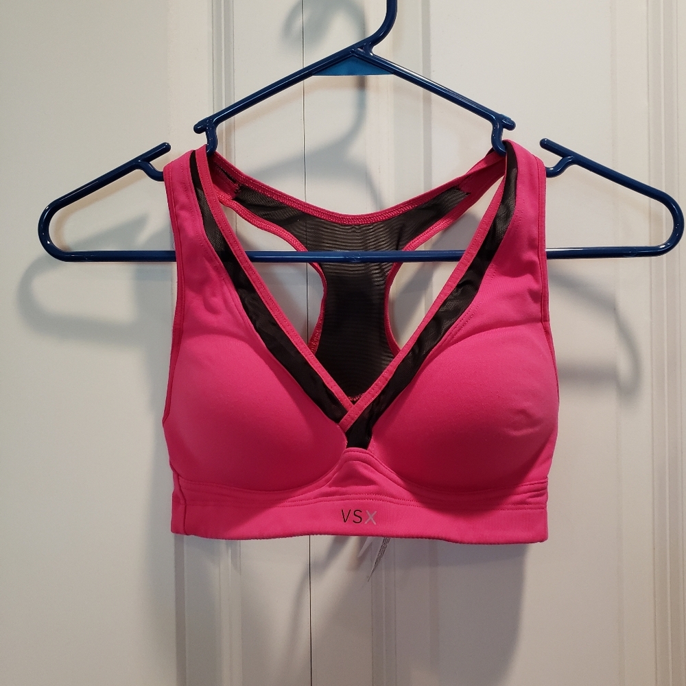 Victoria's Secret VSX Sport Bra 32B Pink Padded Clasp Back Pullover